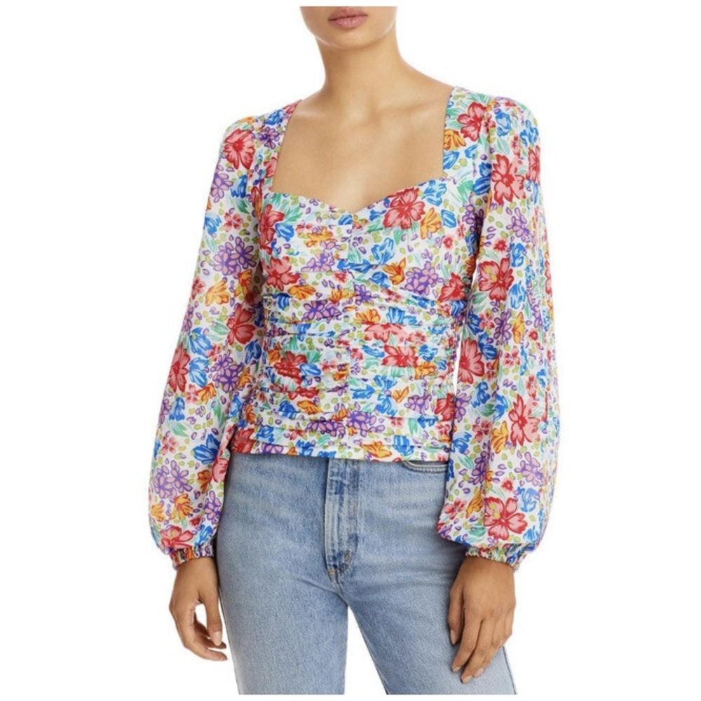 New Aqua Womans Sz XS White Floral Print Ruched Blouse Top Long Sleeve NWT